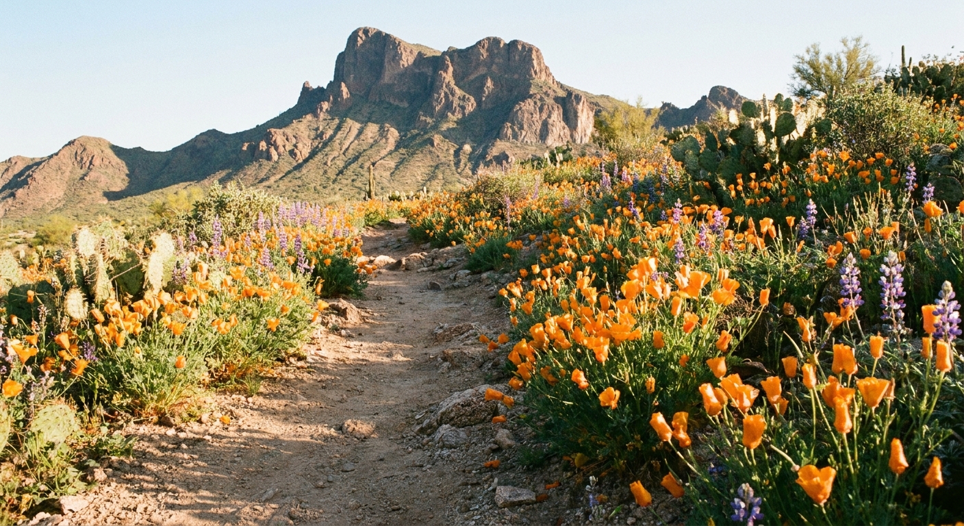 A single real photograph of a desert trail lined with bright orange poppies and scattered purple wildflowers with Picacho Peak in the background, morning light