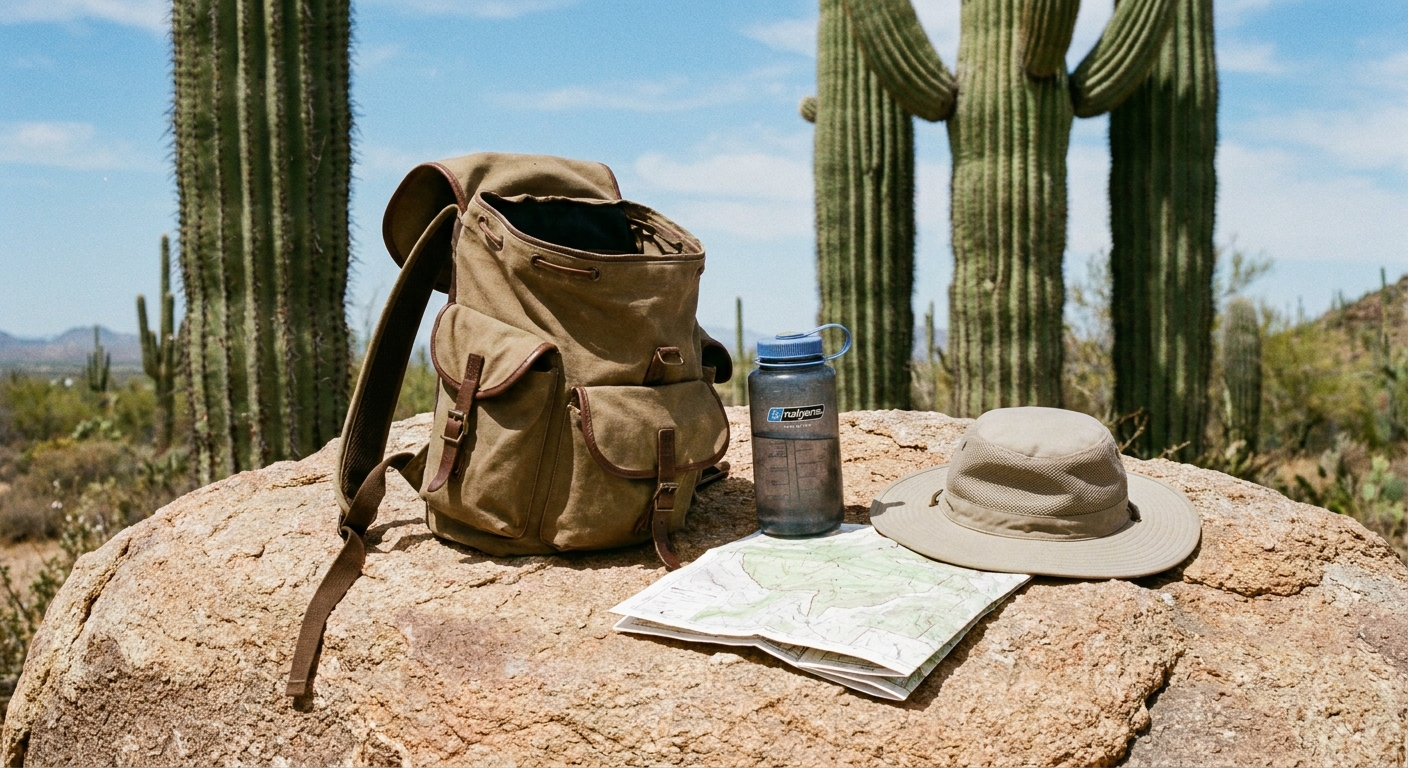 A single real photograph of a hiker's daypack open on a desert rock with a large water bottle, sun hat, and trail map, with saguaro cacti in the background