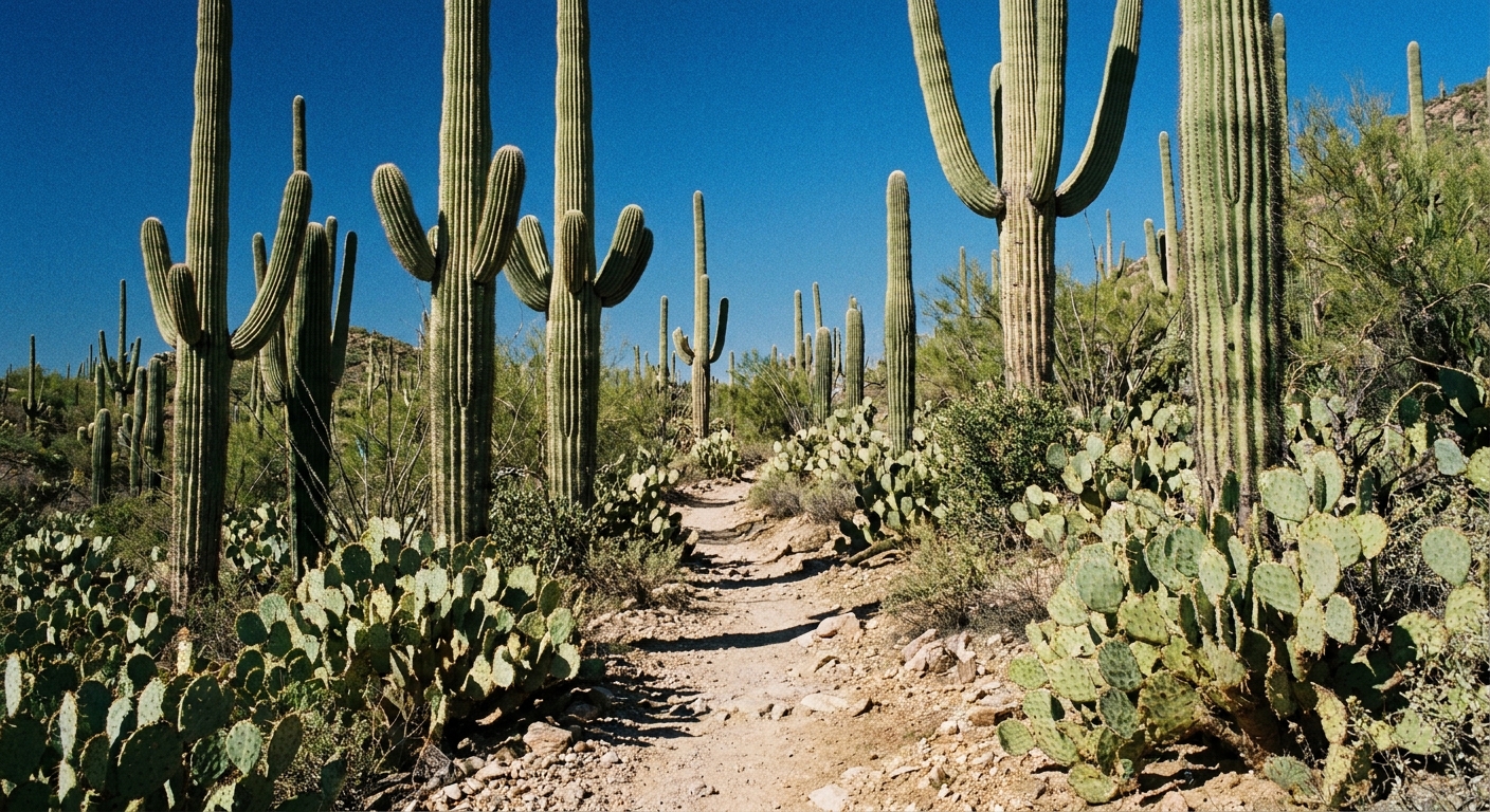 A single real photograph of a narrow dirt hiking trail winding between tall saguaro cacti and prickly pear in the Tucson Mountain District under clear blue sky