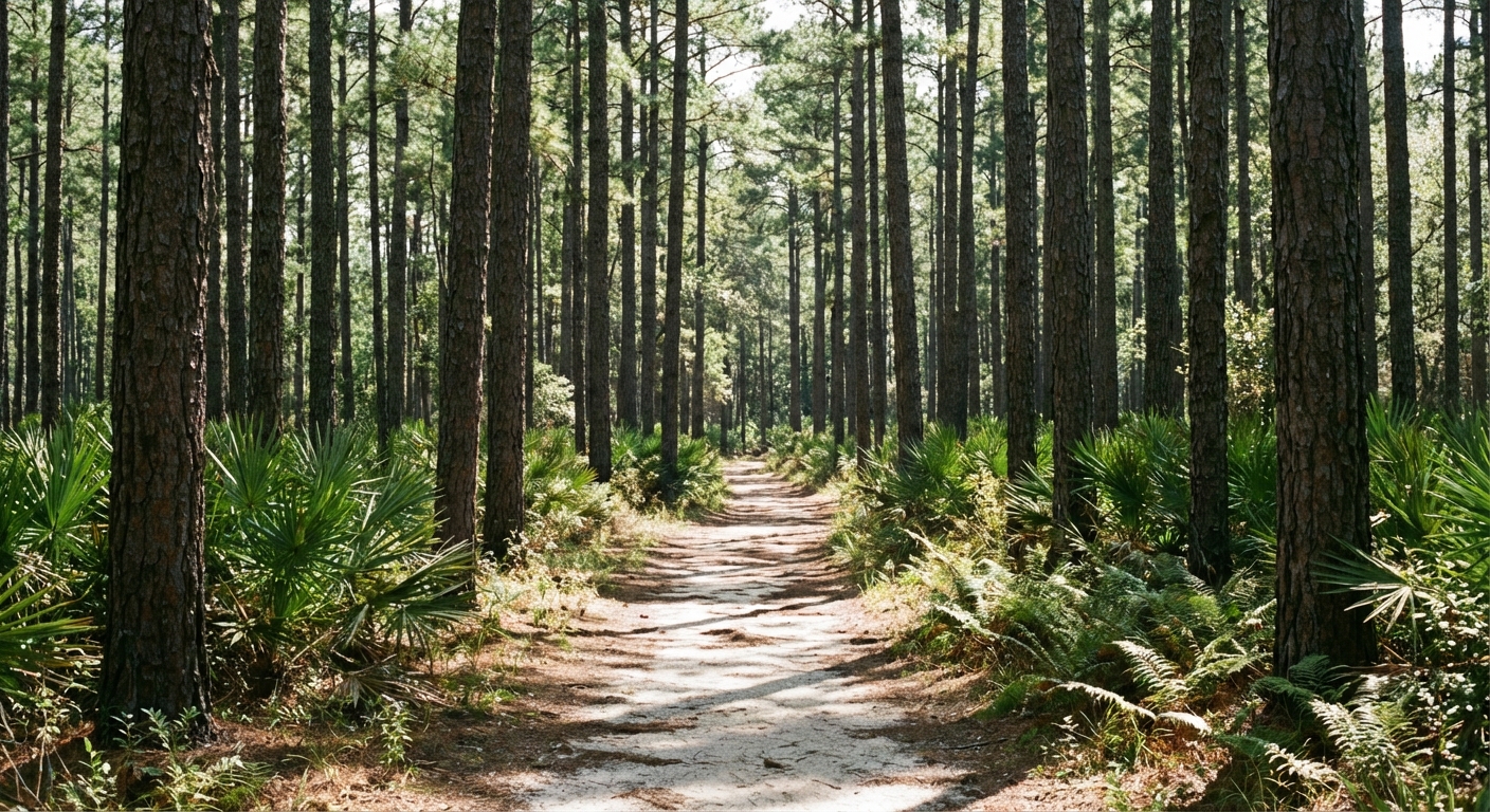 A single real photograph of a sandy hiking trail in Francis Marion National Forest with tall pine trees on both sides, dappled sunlight on the path, a calm quiet atmosphere, realistic outdoor travel photography