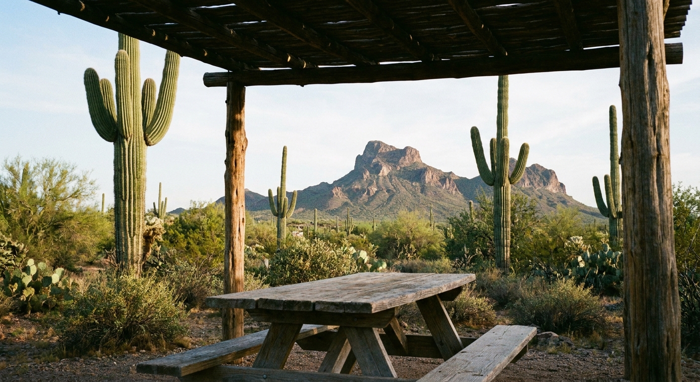A single real photograph of a shaded picnic table area in the Sonoran Desert with saguaros nearby and Picacho Peak visible in the distance