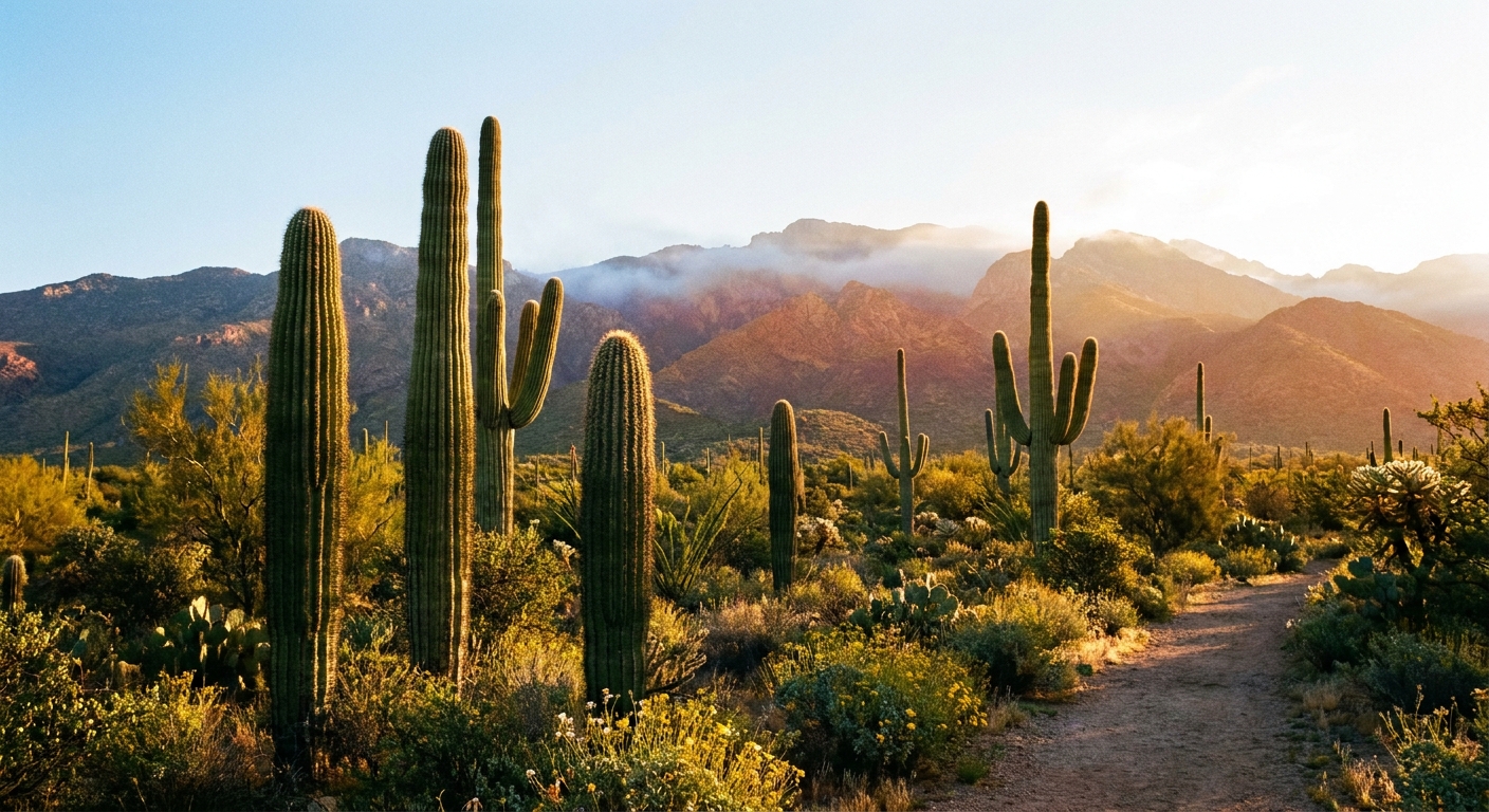 A single real photograph of early morning light hitting saguaro cacti in the Rincon Mountain District, with the Rincon Mountains rising in the background