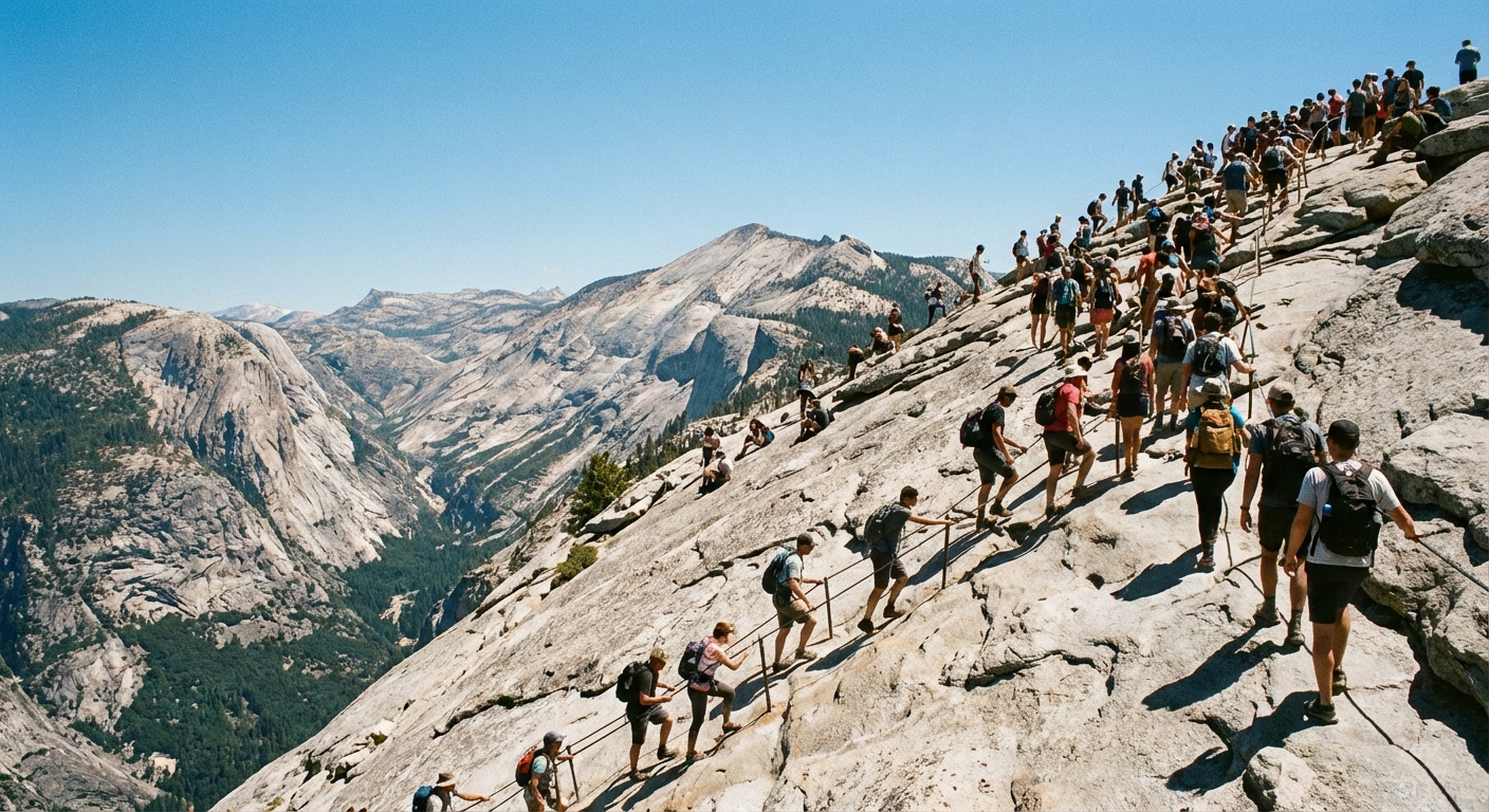 A single real photograph of hikers ascending the Half Dome cables in Yosemite National Park on a sunny day, with granite slope and distant valley views