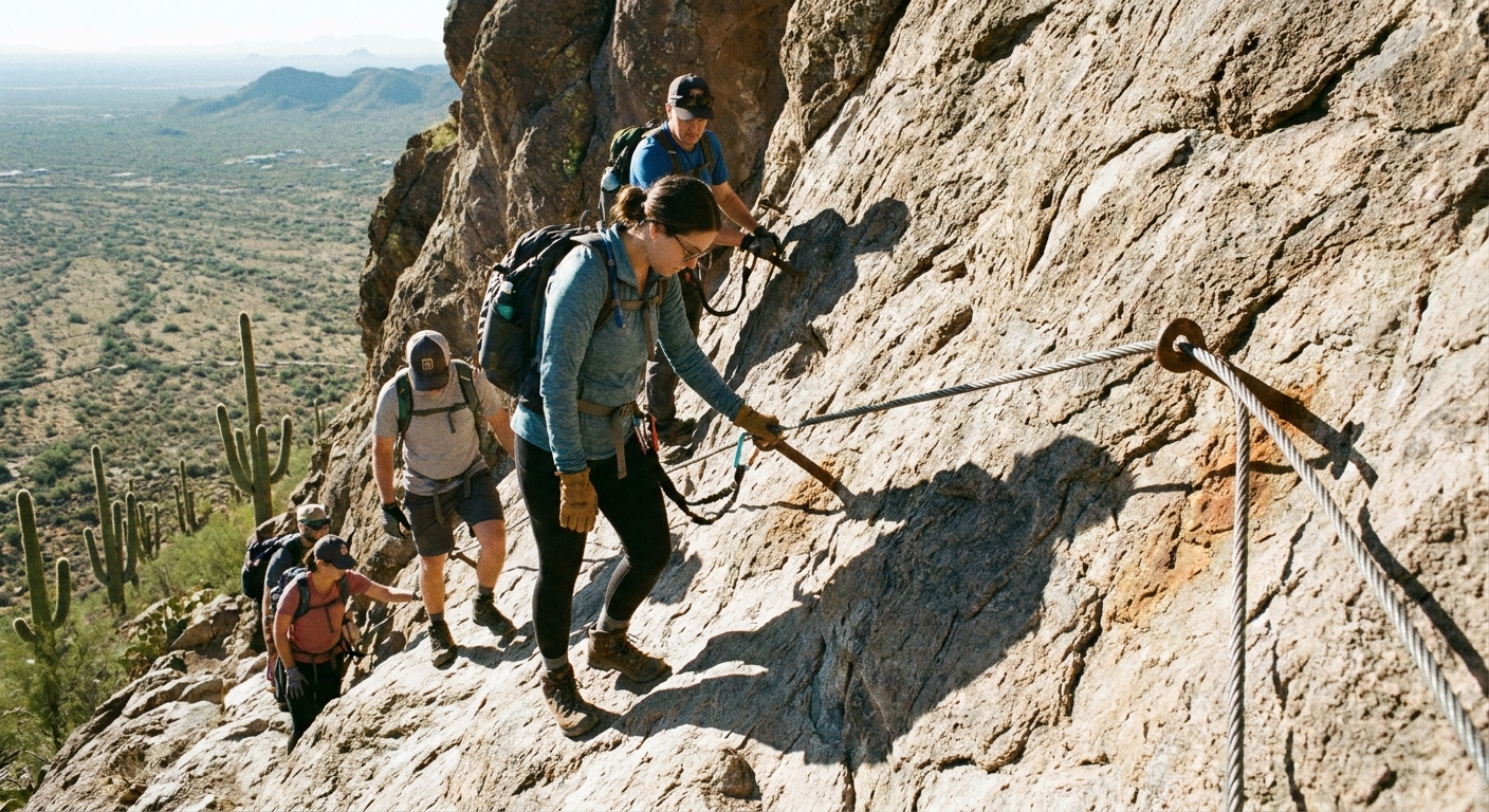 A single real photograph of hikers carefully using a fixed cable on a steep rocky section of Picacho Peak under bright desert sun