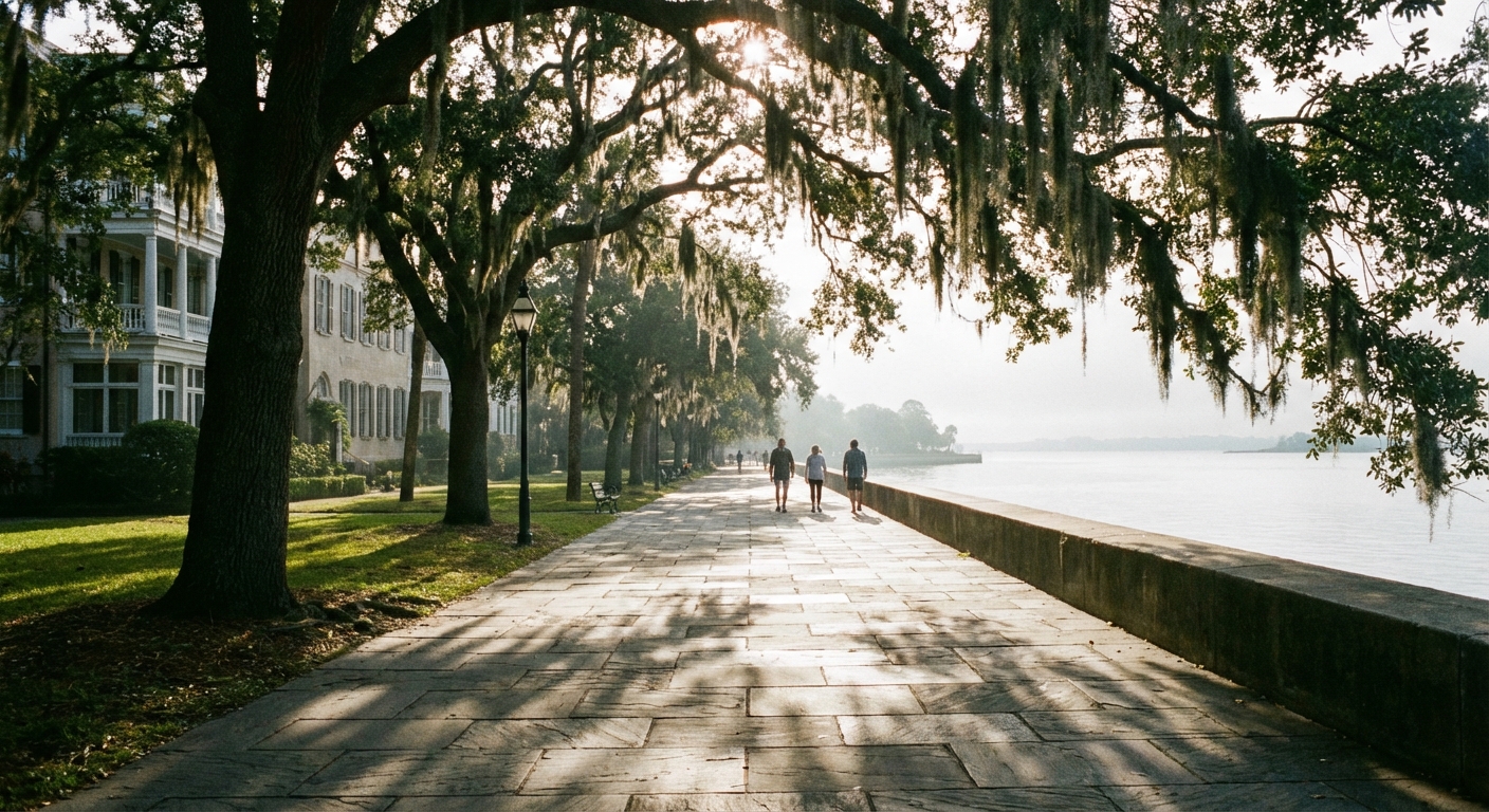A single real photograph of the Battery promenade in Charleston with a wide walkway lined by live oak trees, sunlight filtering through Spanish moss, a few people strolling toward the waterfront, calm morning atmosphere, travel photography