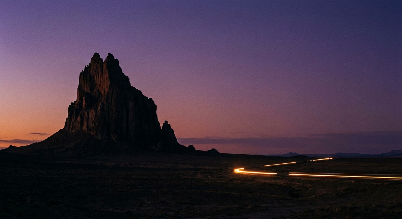 A single realistic photograph of Shiprock in silhouette at twilight with a fading purple sky and faint headlights on a distant road