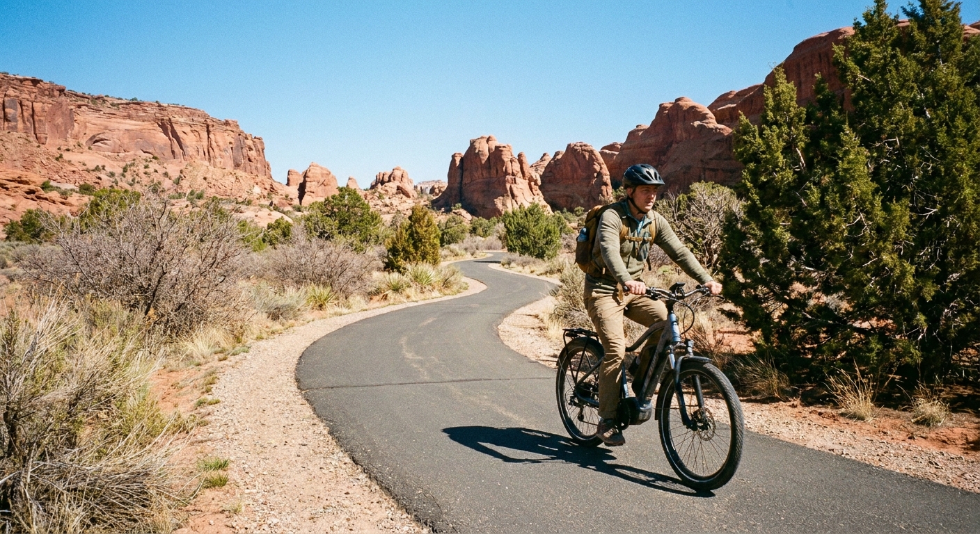 A single rider on an e-bike rolling along a wide paved multi-use path with desert cliffs in the distance in Zion National Park, candid travel photography style