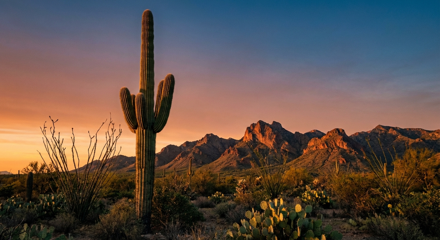 A single tall saguaro cactus at golden hour with the Tucson Mountains in the background and a clear desert sky, real landscape photography