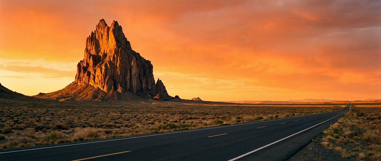 A single wide-lens photograph of Shiprock rising from the desert at sunset, with warm light on the rock and a long straight highway in the foreground, natural color landscape photography