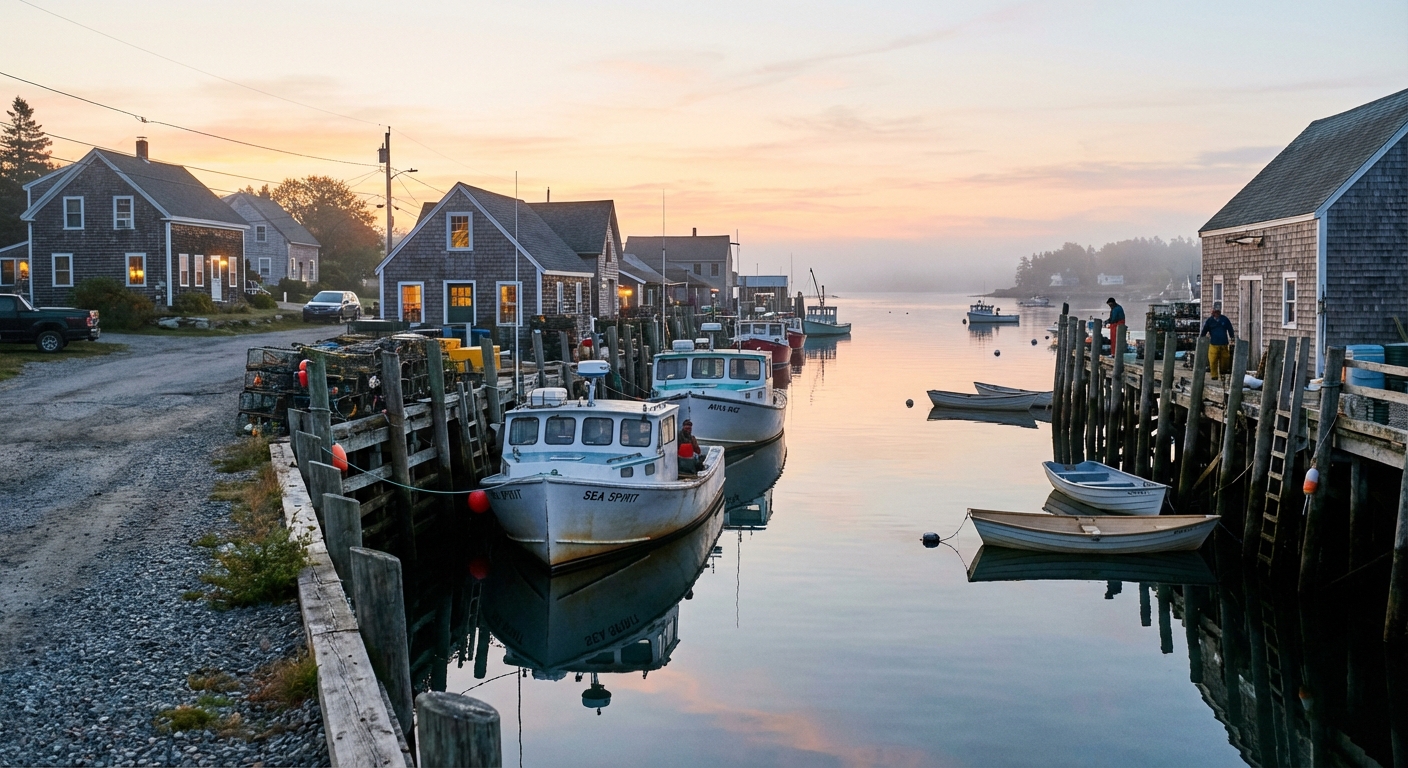 A small Maine fishing harbor at dusk with lobster boats tied to wooden docks, weathered shingled buildings on shore, and a pale autumn sky reflected in calm water, photorealistic travel photography