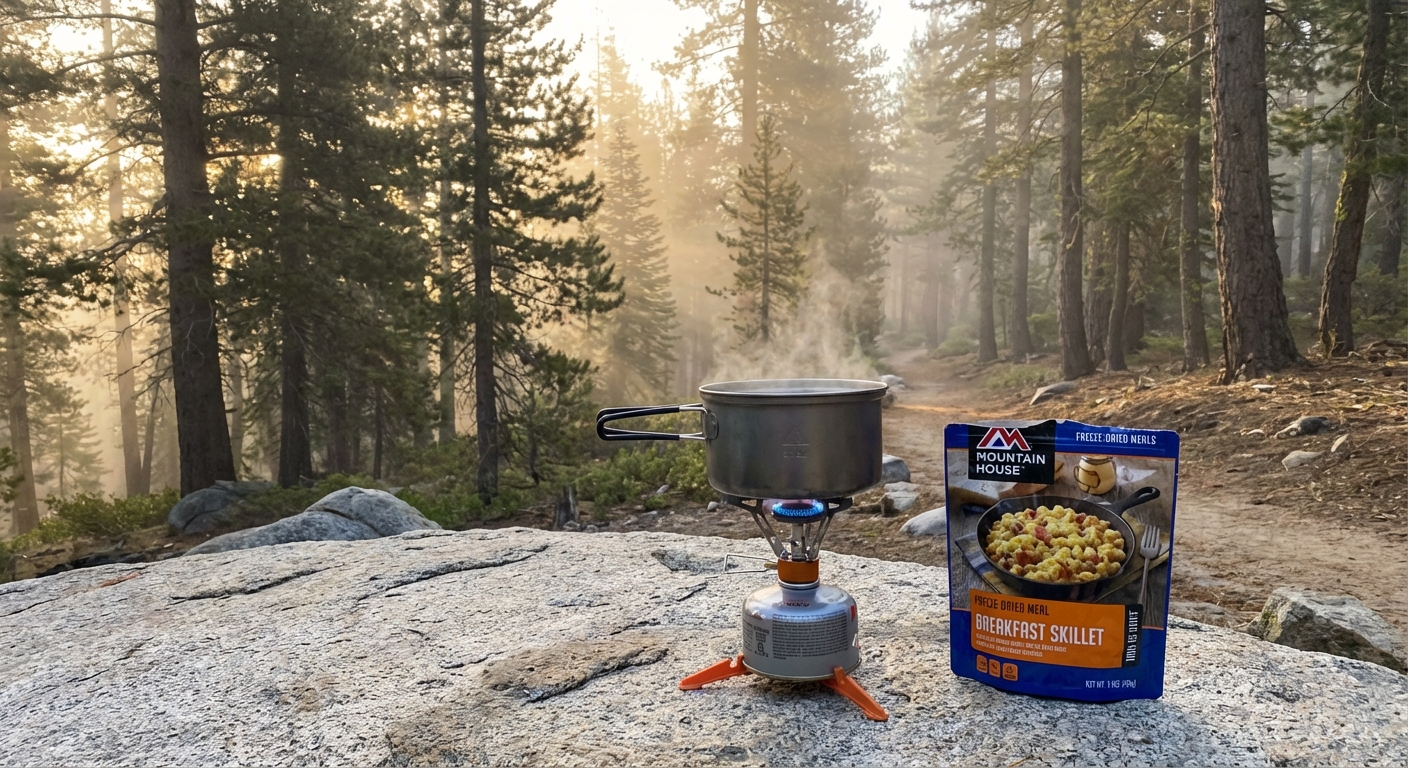 A small backpacking stove on a flat rock boiling water in a metal pot beside a trail meal packet, with a pine forest in the background, soft morning light, photorealistic