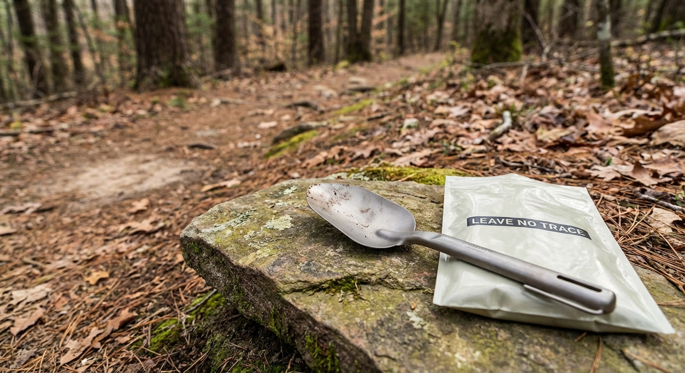 A small backpacking trowel and a sealed waste bag resting on a flat rock beside a trail, with a forest floor background and natural daylight, photorealistic outdoor gear photography