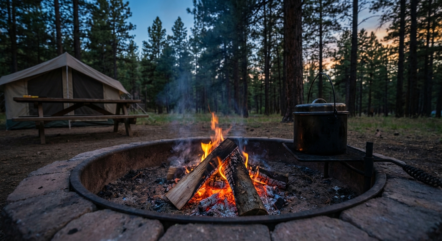 A small campfire burning in an established stone fire ring at a legal campsite, with a metal pot nearby and twilight forest in the background, photorealistic outdoor camping photography