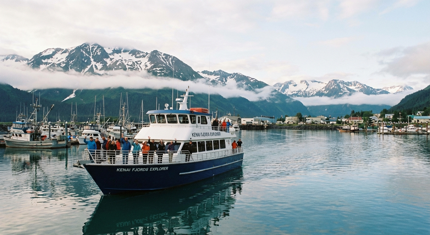 A small cruise boat leaving Seward harbor into Resurrection Bay on a calm summer day with mountains and low clouds in the background, real travel photograph