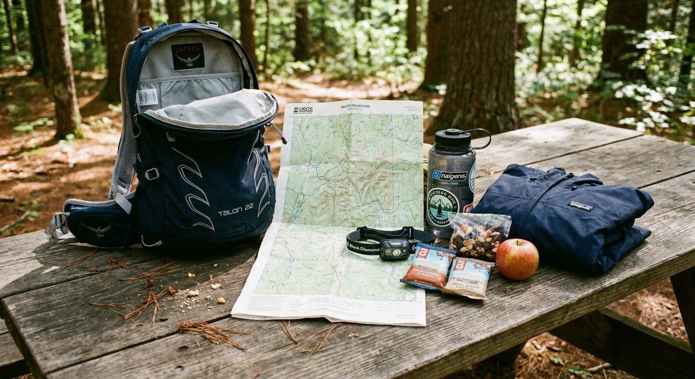 A small day hiking backpack open on a wooden picnic table with a paper map, water bottle, headlamp, rain jacket, and snacks laid out neatly
