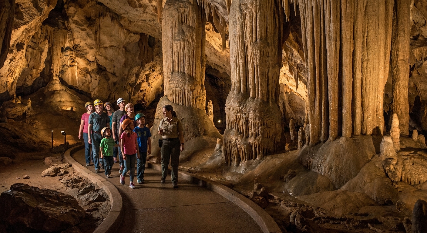 A small guided tour group walking on a paved cave pathway inside Kartchner Caverns, with large limestone formations and soft warm lighting, realistic photography style