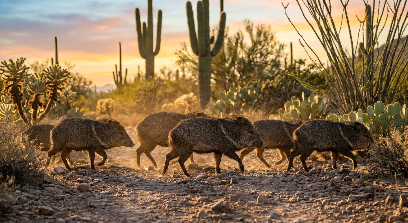 A small herd of javelina crossing a rocky Sonoran Desert trail at golden hour with saguaro cacti in the background, realistic wildlife photography