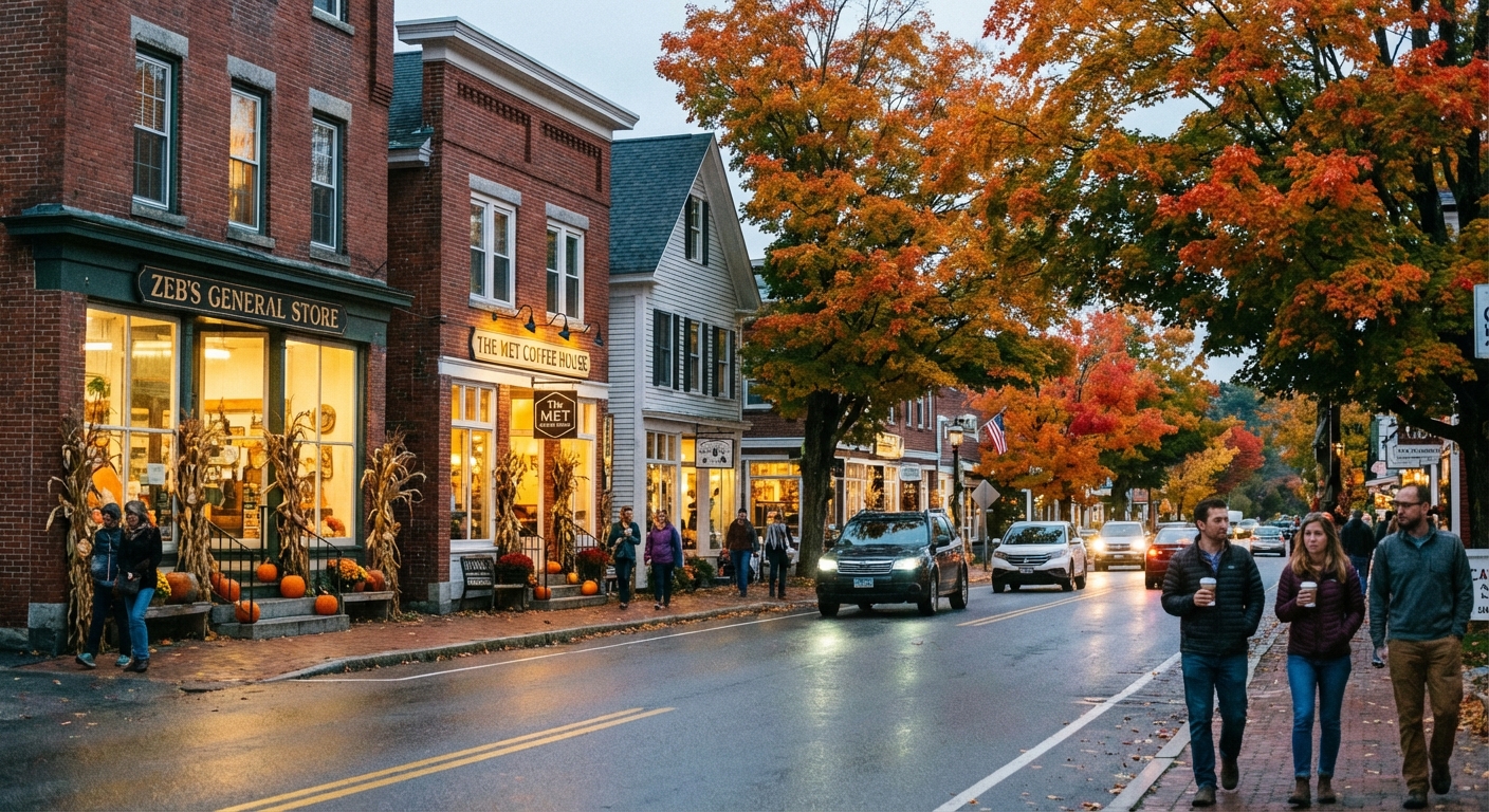 A small main street in North Conway, New Hampshire with brick storefronts, pumpkins on steps, and maple trees turning orange overhead, early evening light, photorealistic street photography