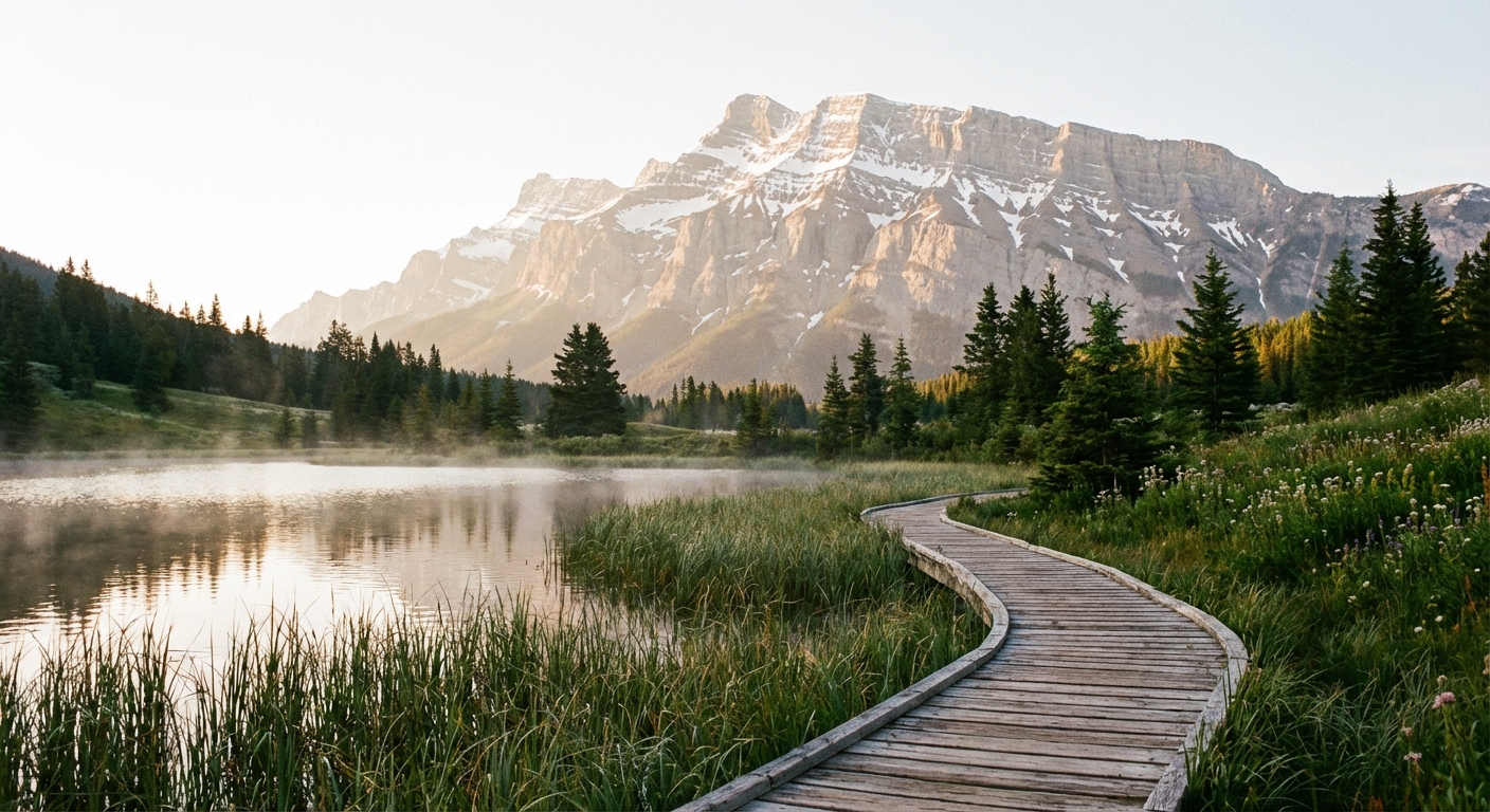A small mountain lake with a wooden boardwalk curving along the shoreline, reeds in the foreground, and a prominent Rocky Mountain peak in the background under soft morning light, photorealistic