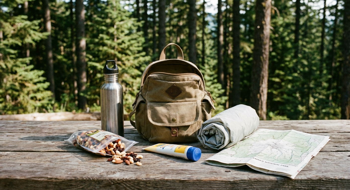 A small open daypack on a picnic table with a reusable water bottle, trail mix, sunscreen, a light jacket, and a paper map, with pine trees blurred in the background, photorealistic outdoor photography