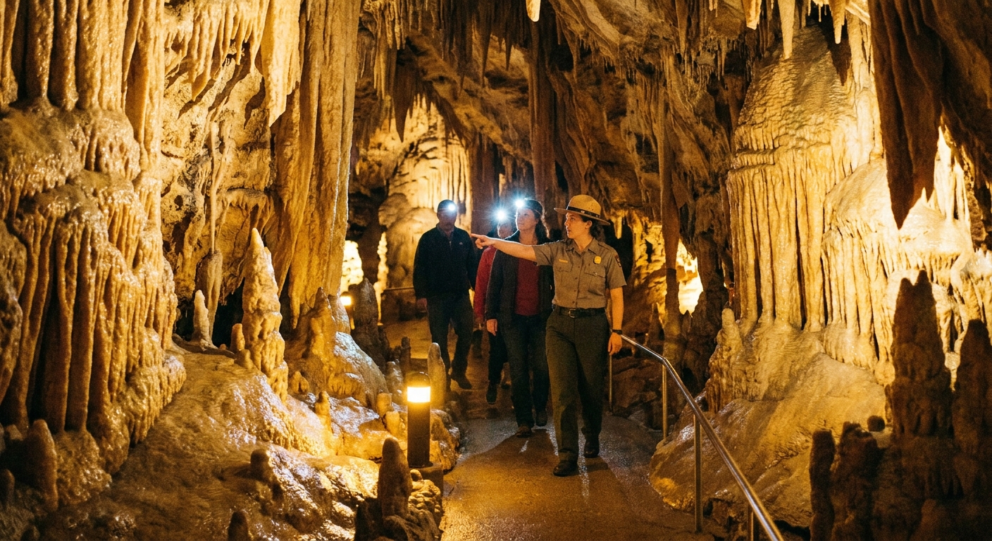 A small ranger-led tour group walking along a lit cave walkway inside Lehman Caves, with textured limestone formations and a warm headlamp-like glow, realistic photography