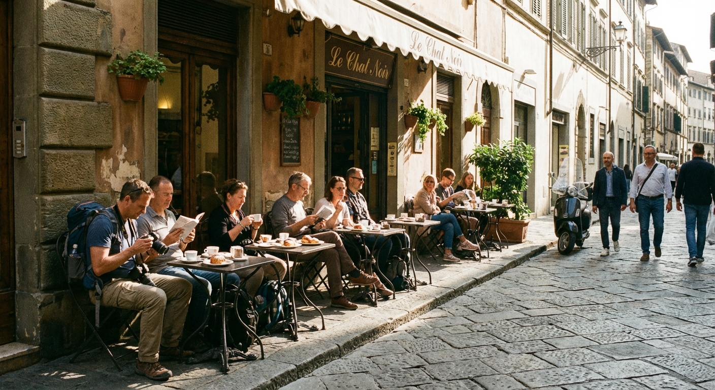 A small sidewalk cafe on a narrow cobblestone street with outdoor tables and travelers resting with coffee and pastries in late morning light.