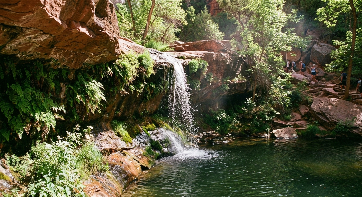 A small waterfall spilling over a sandstone ledge into a shaded pool on the Emerald Pools Trail in Zion National Park with green vegetation along the rock wall