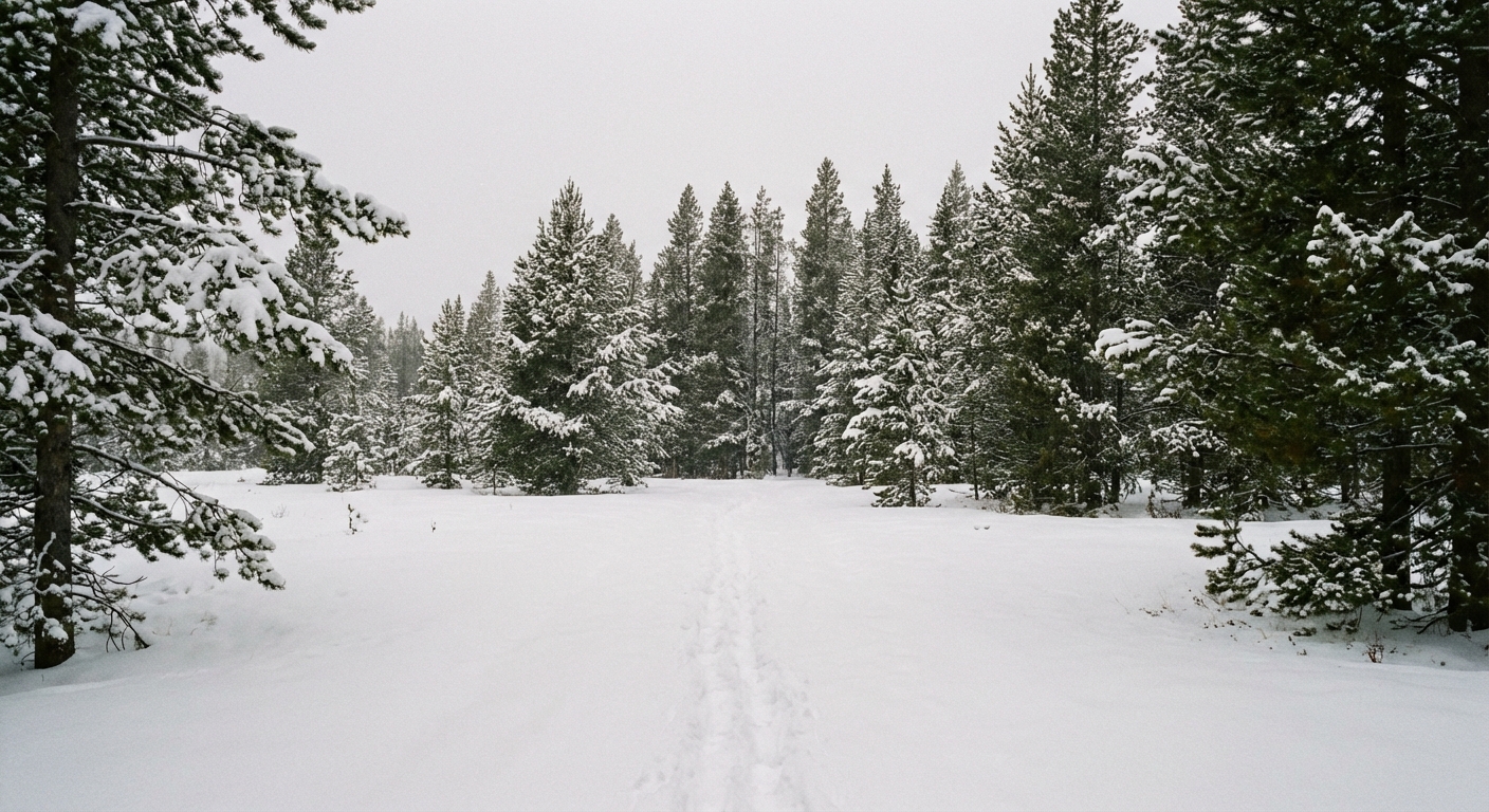 A snow-covered national park trail with a single set of footprints leading toward pine trees, soft overcast light, quiet atmosphere