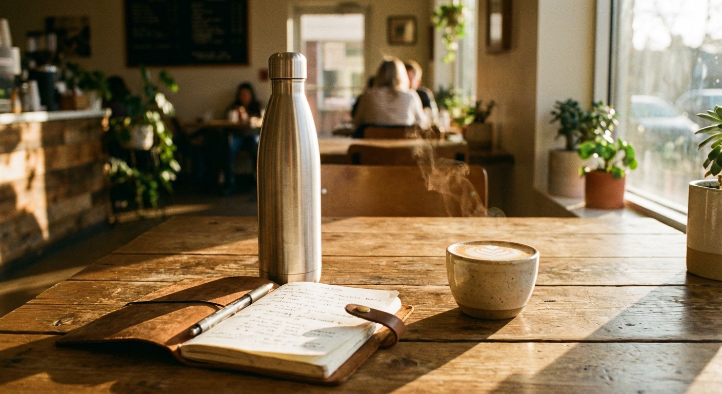 A stainless steel insulated water bottle sitting on a wooden café table next to a notebook and a small cup of coffee, warm morning light