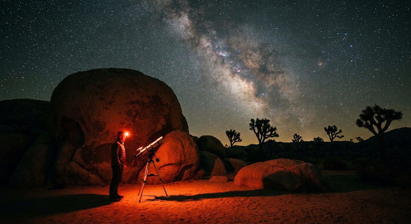 A stargazer standing on desert sand near Joshua Tree boulders using a dim red headlamp under a star-filled night sky
