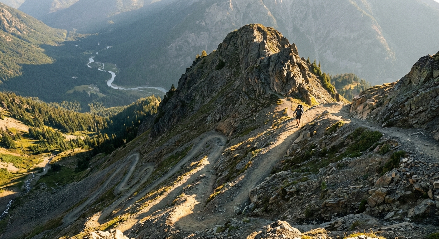 A steep mountain trail with clear switchbacks carved into a hillside, one hiker ascending on the established path under bright morning light, photorealistic landscape photography