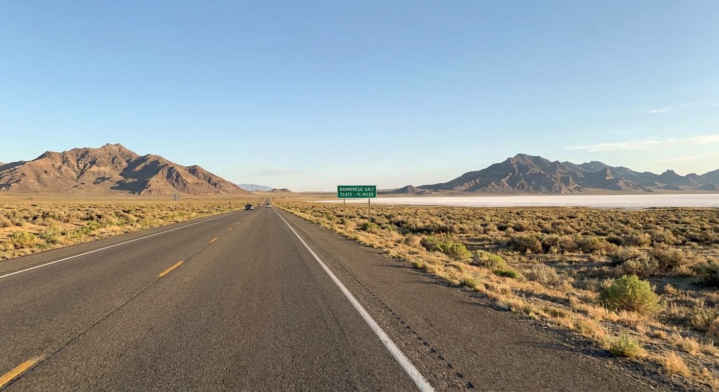 A straight highway outside West Wendover, Nevada heading toward the Bonneville Salt Flats with open desert and mountains in the distance, real travel photo