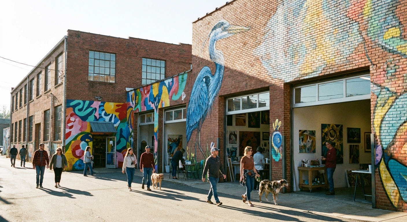 A street-level photograph of Asheville's River Arts District with colorful mural-painted building walls, a few pedestrians, and studio doors open on a sunny morning, candid travel photography