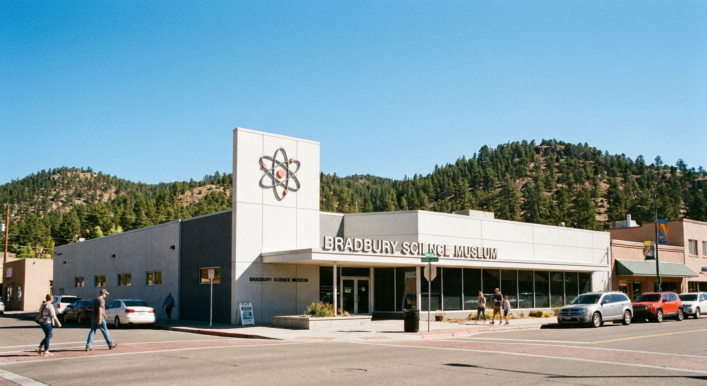 A street-level photograph of the Bradbury Science Museum exterior in Los Alamos, New Mexico, with a clear sky and pine-covered hills in the background