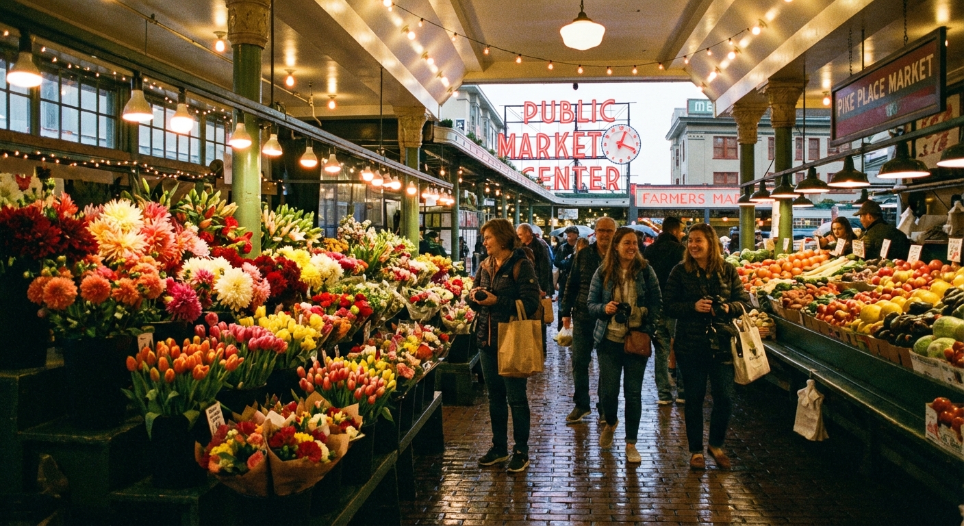 A street-level, photorealistic scene inside Pike Place Market with flower stalls and produce stands under warm indoor lighting, shoppers walking through the aisle, travel photography style