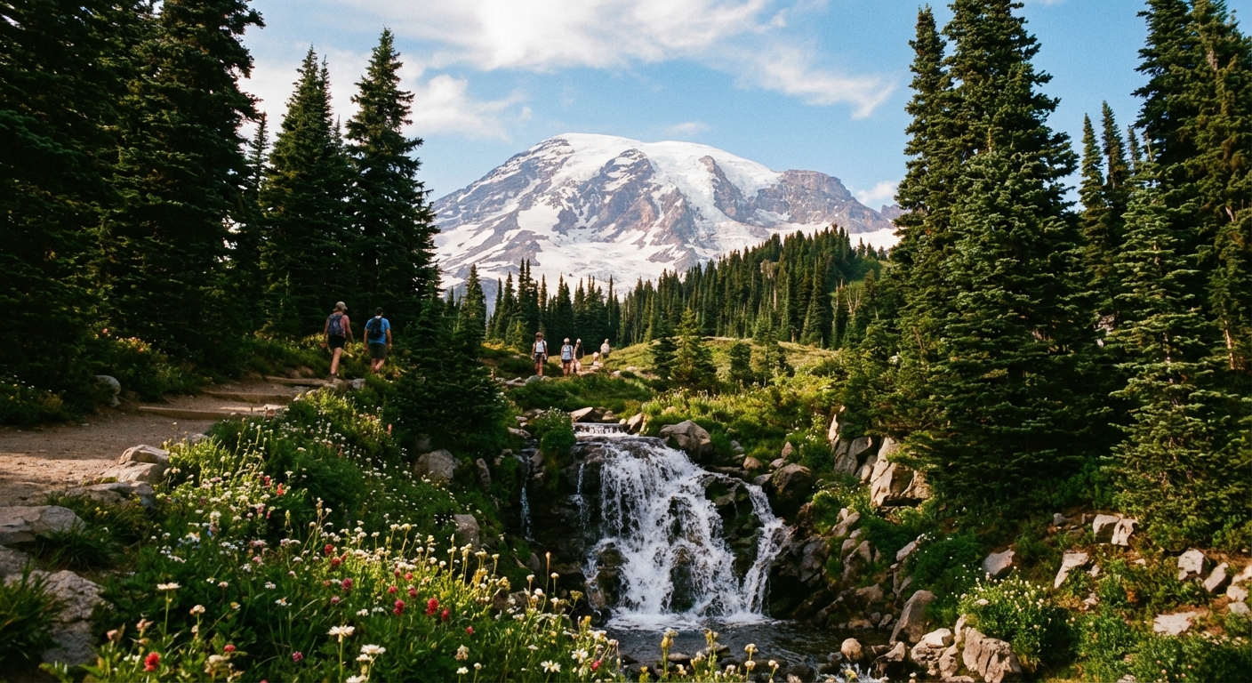A summer photograph of the Myrtle Falls trail near Paradise with a small waterfall in the foreground and Mount Rainier visible beyond evergreen trees
