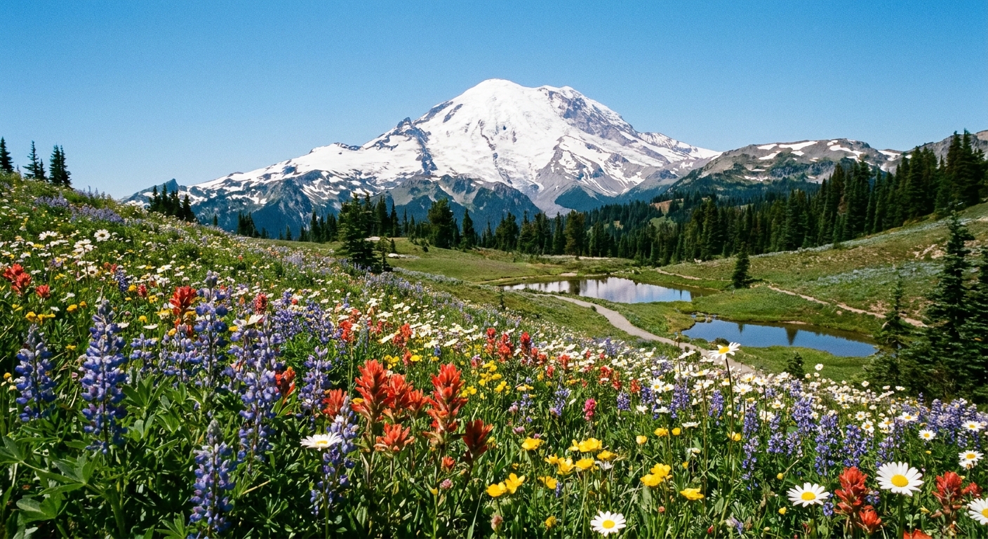 A summer photograph of wildflowers in Heather Meadows with Mount Baker rising in the background under a clear sky