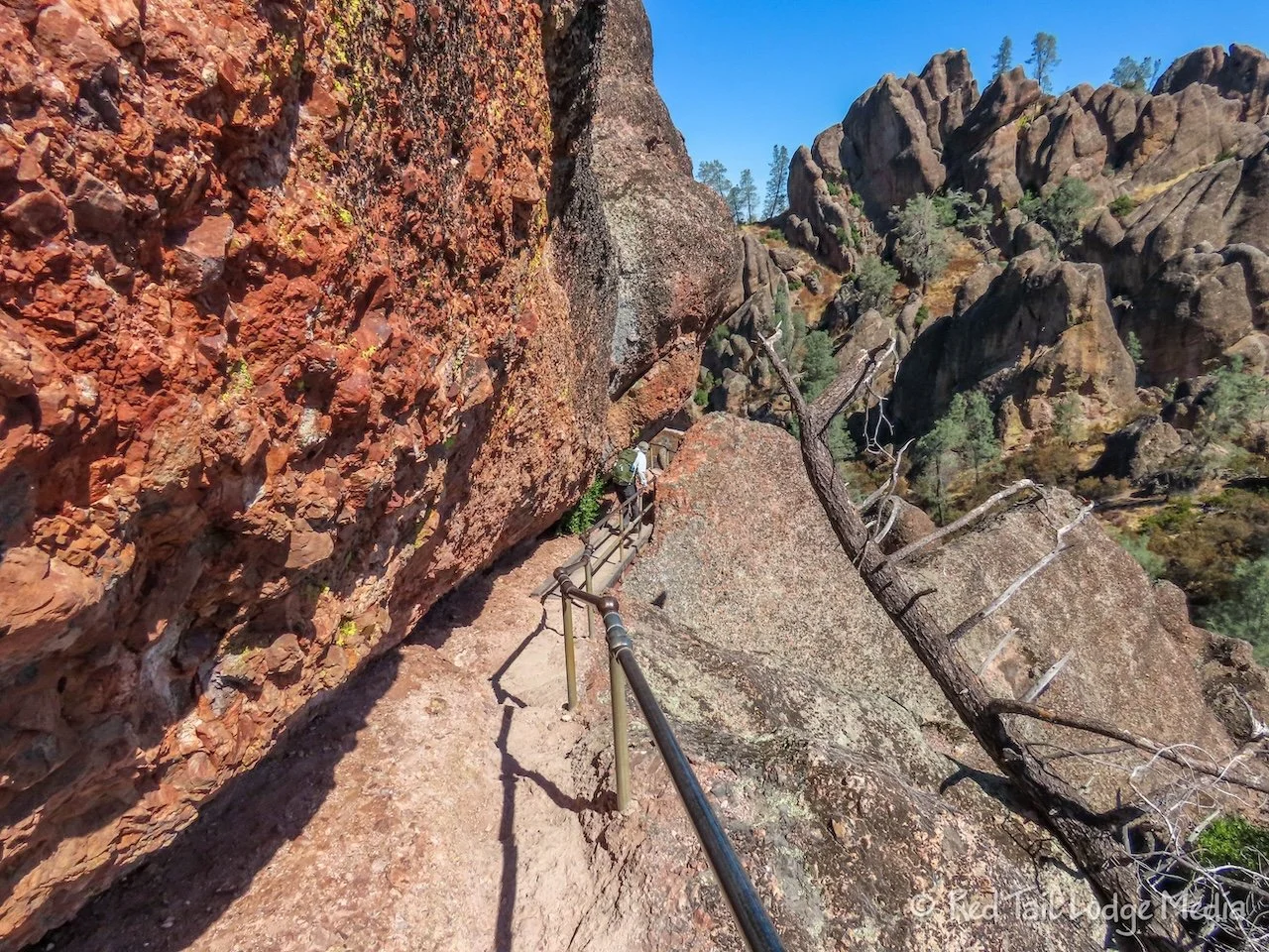 A sunlit view of the Balconies Cliffs Trail at Pinnacles National Park with tan rock formations and a narrow dirt path winding through chaparral, realistic late afternoon photography