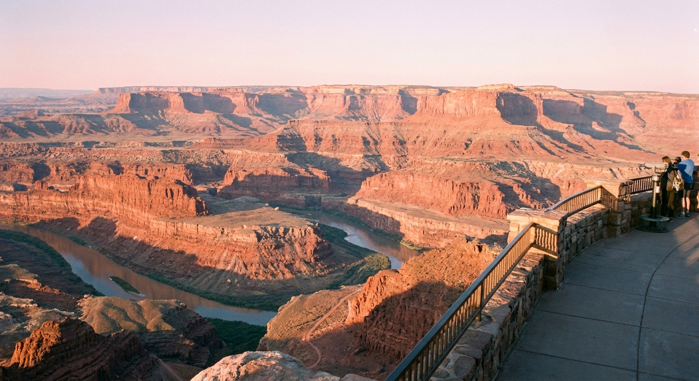A sunrise photograph at Dead Horse Point State Park showing soft pink light over layered canyon mesas, a paved viewpoint edge in the foreground, and long shadows stretching across the desert