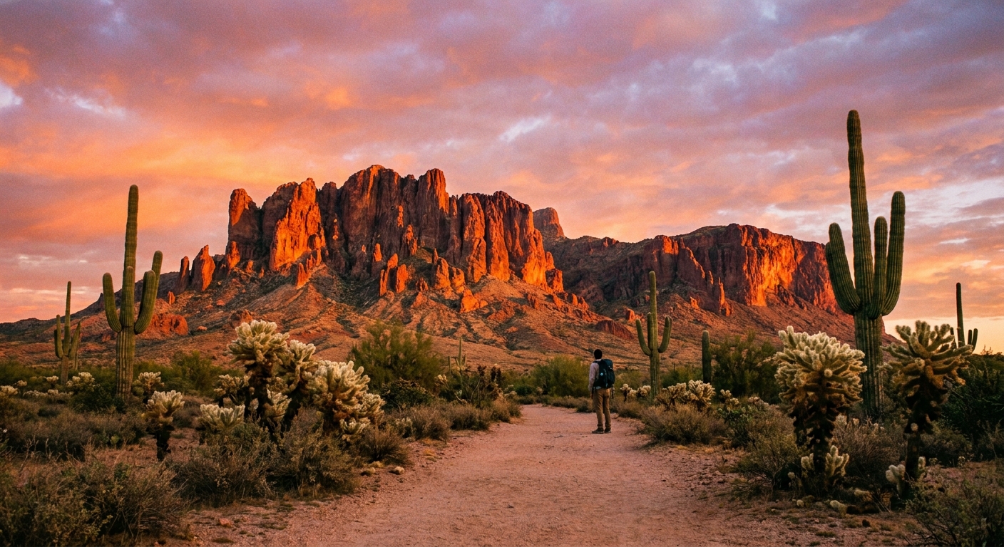 A sunrise photograph of the Superstition Mountains viewed from a sandy desert trail in Lost Dutchman State Park, with saguaro cacti in the foreground and warm light hitting the cliffs