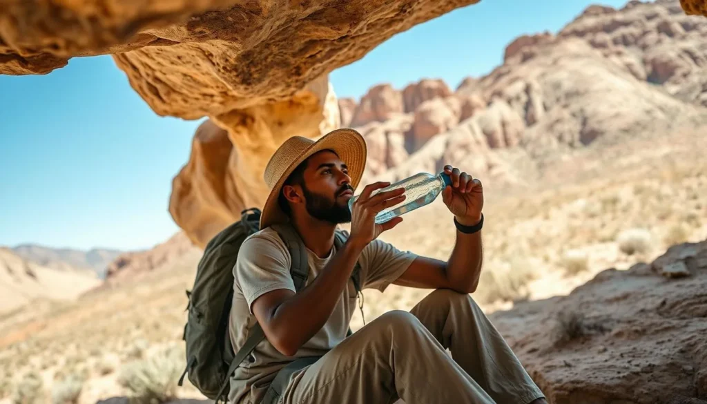 A sweaty hiker sitting in the shade of a scrubby tree beside a dusty desert trail, water bottle in hand, midday sun in the background, realistic outdoor photography