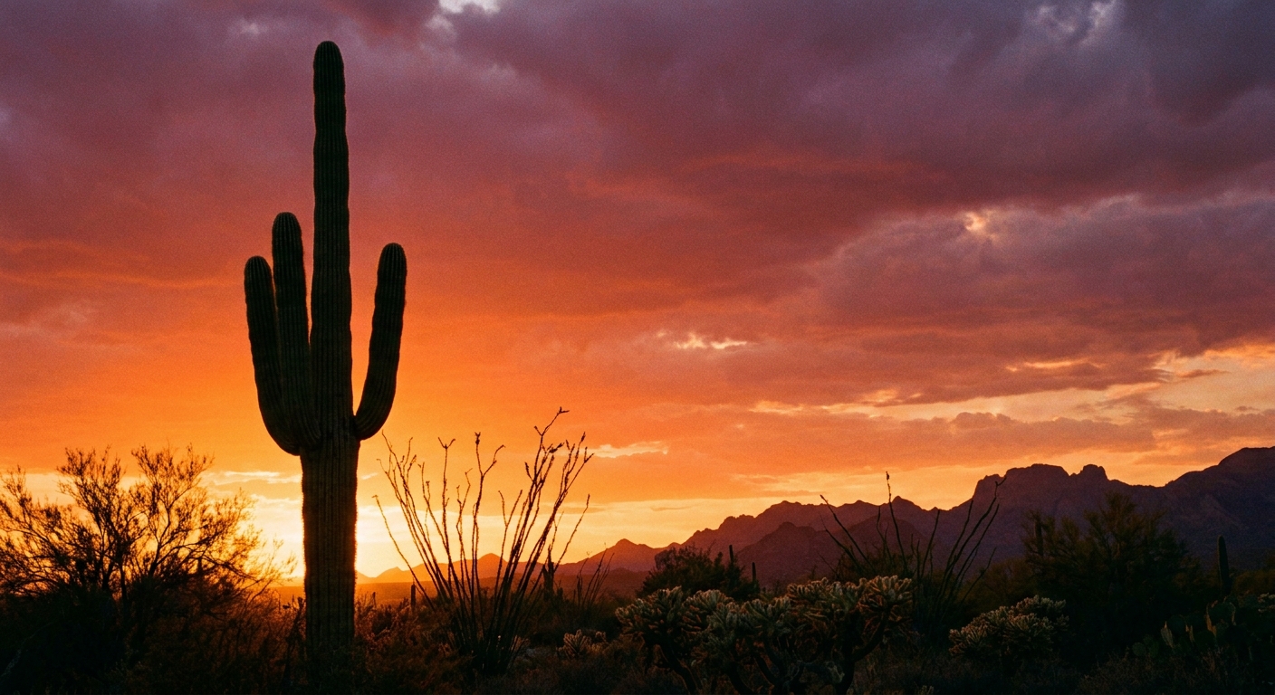 A tall saguaro cactus silhouetted against a warm sunset sky in the Tucson Mountain District, with low desert shrubs and distant mountains, realistic travel photo