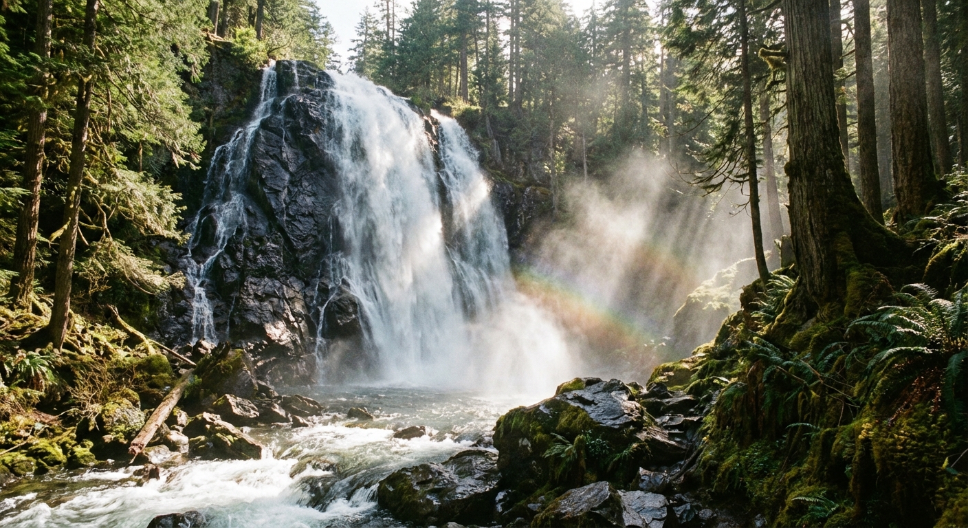 A tall waterfall cascading over dark rock into a rushing stream in a conifer forest, with mist catching sunlight near the base, photorealistic nature photography