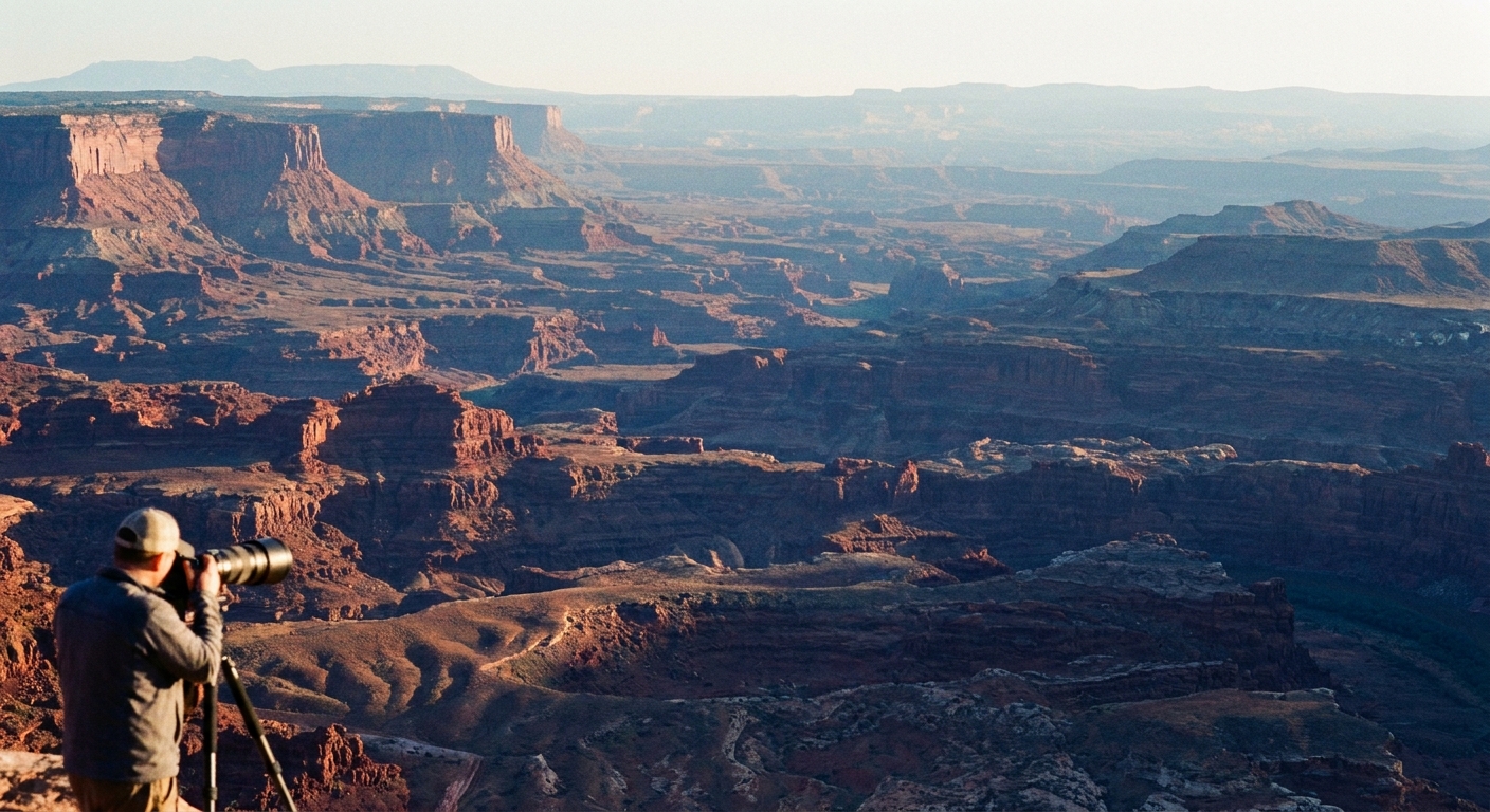 A telephoto-style photo from Dead Horse Point State Park showing distant Canyonlands mesas stacked in hazy layers, with sunlit red rock and deep shadowed canyons creating strong contrast