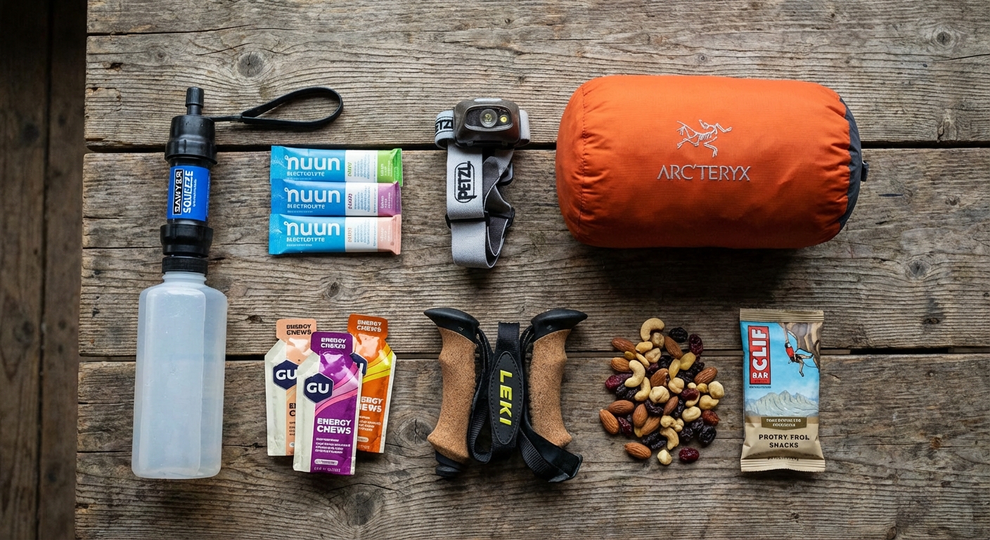 A top-down photo of a small set of high altitude hiking essentials laid out on a wooden table, including a water filter, electrolyte packets, a headlamp, trekking pole straps, a compact rain shell, and trail snacks, photorealistic lifestyle photography
