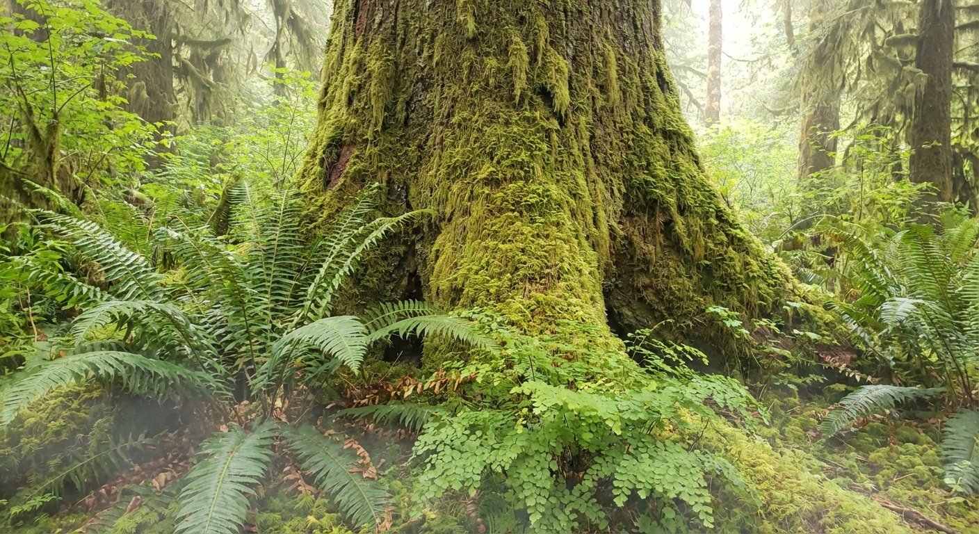 A towering Sitka spruce trunk in the Hoh Rainforest covered in thick green moss, ferns in the foreground, misty rainforest atmosphere, photorealistic
