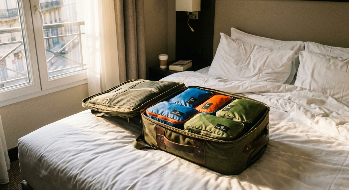 A travel backpack opened fully clamshell-style on a hotel bed with packing cubes neatly arranged inside, soft morning window light
