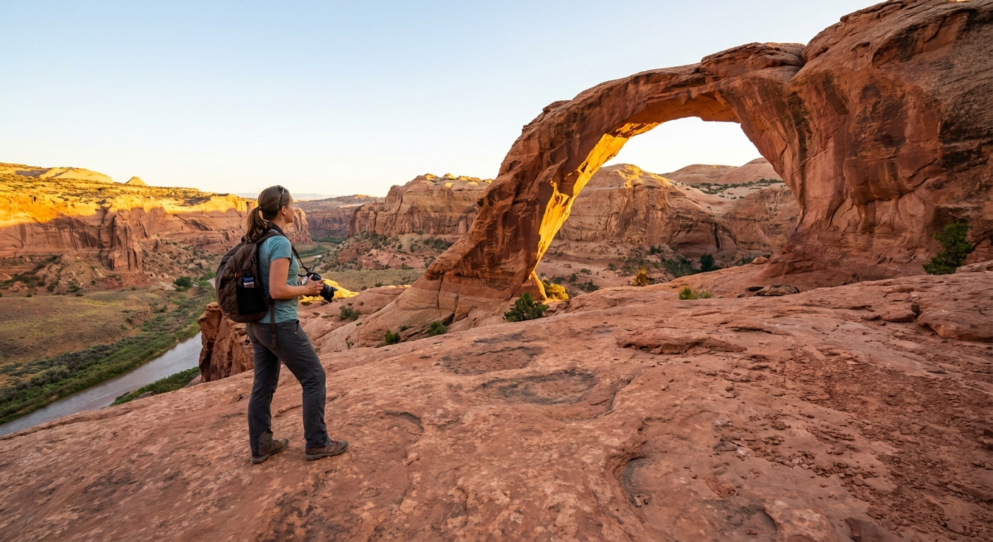 A traveler holding a camera while standing on wide sandstone near Cassidy Arch in Capitol Reef National Park, keeping distance from the edge, golden hour light