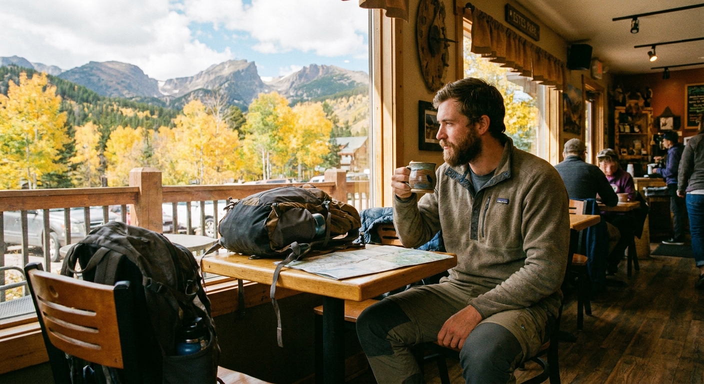 A traveler holding a ceramic mug of coffee at a small coffee shop table in Estes Park, Colorado, with a window view of golden autumn trees outside