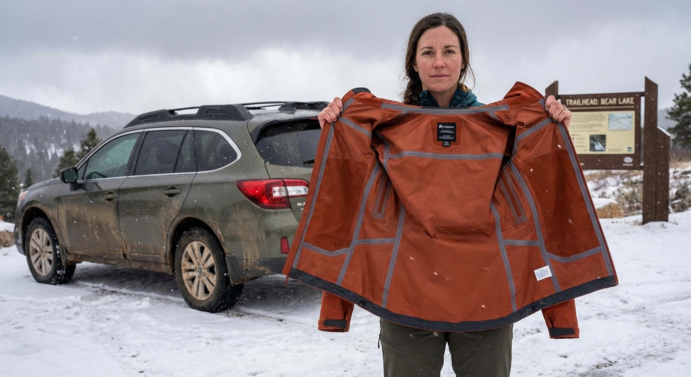 A traveler holding a lightweight waterproof shell jacket open to show taped seams, standing near a snowy trailhead parking area under overcast skies, realistic outdoor gear photography
